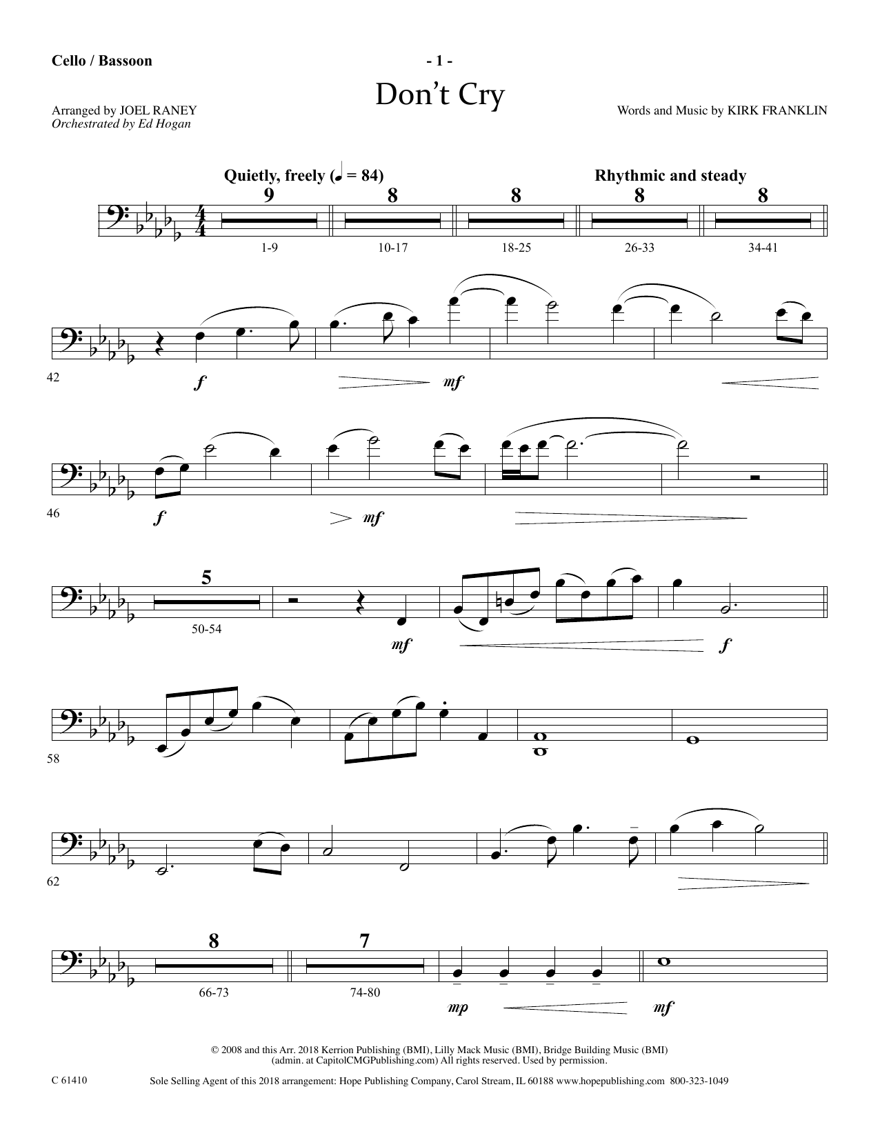 Learn to play Joel Raney Don't Cry - Cello/Bassoon sheet music for Choir Instrumental Pak in minutes. Price: 69.9900$ Joel Raney Don't Cry - Cello/Bassoon sheet music notes and chords arranged for Choir Instrumental Pak