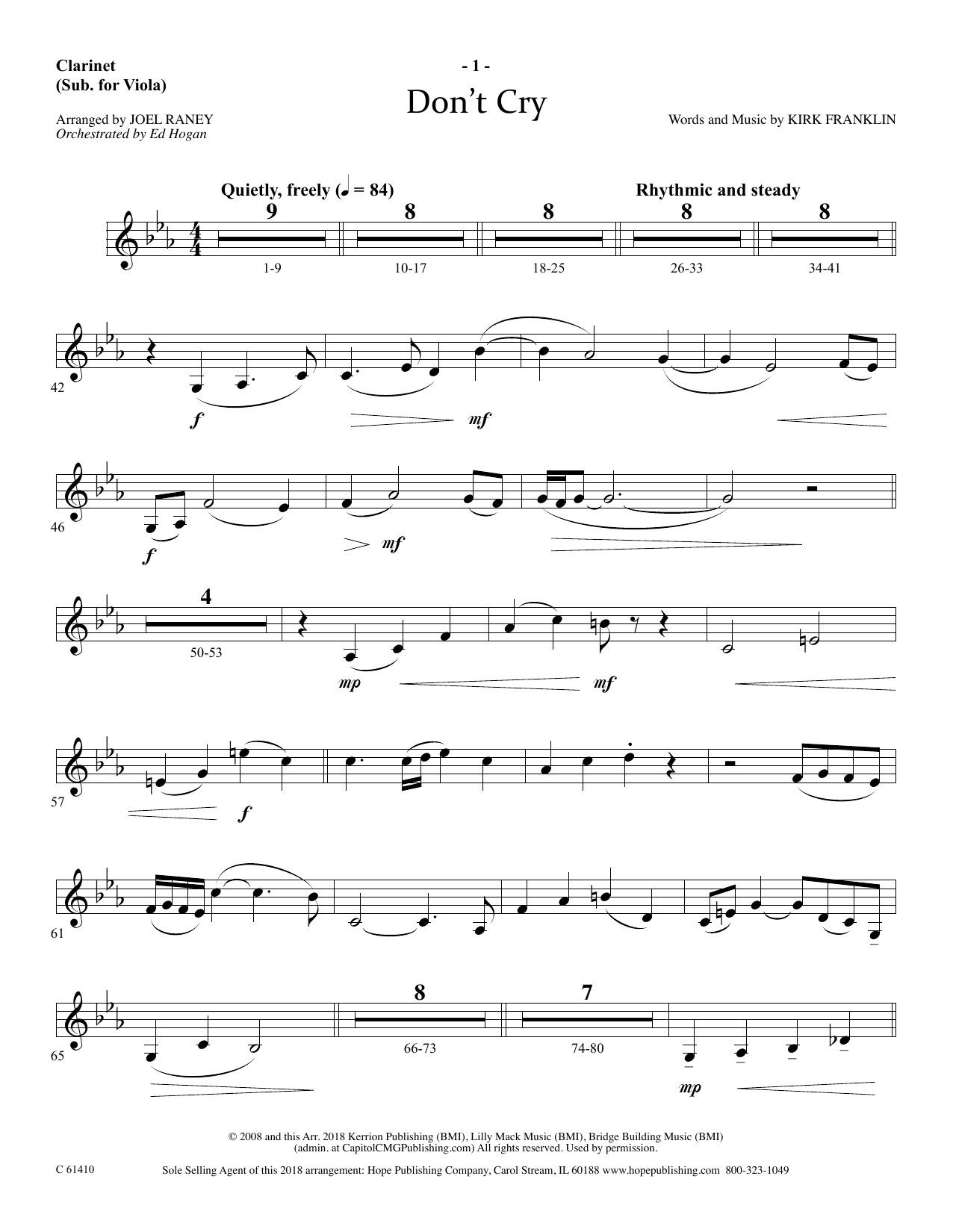 Learn to play Joel Raney Don't Cry - Clarinet (sub Viola) sheet music for Choir Instrumental Pak in minutes. Price: 69.9900$ Joel Raney Don't Cry - Clarinet (sub Viola) sheet music notes and chords arranged for Choir Instrumental Pak