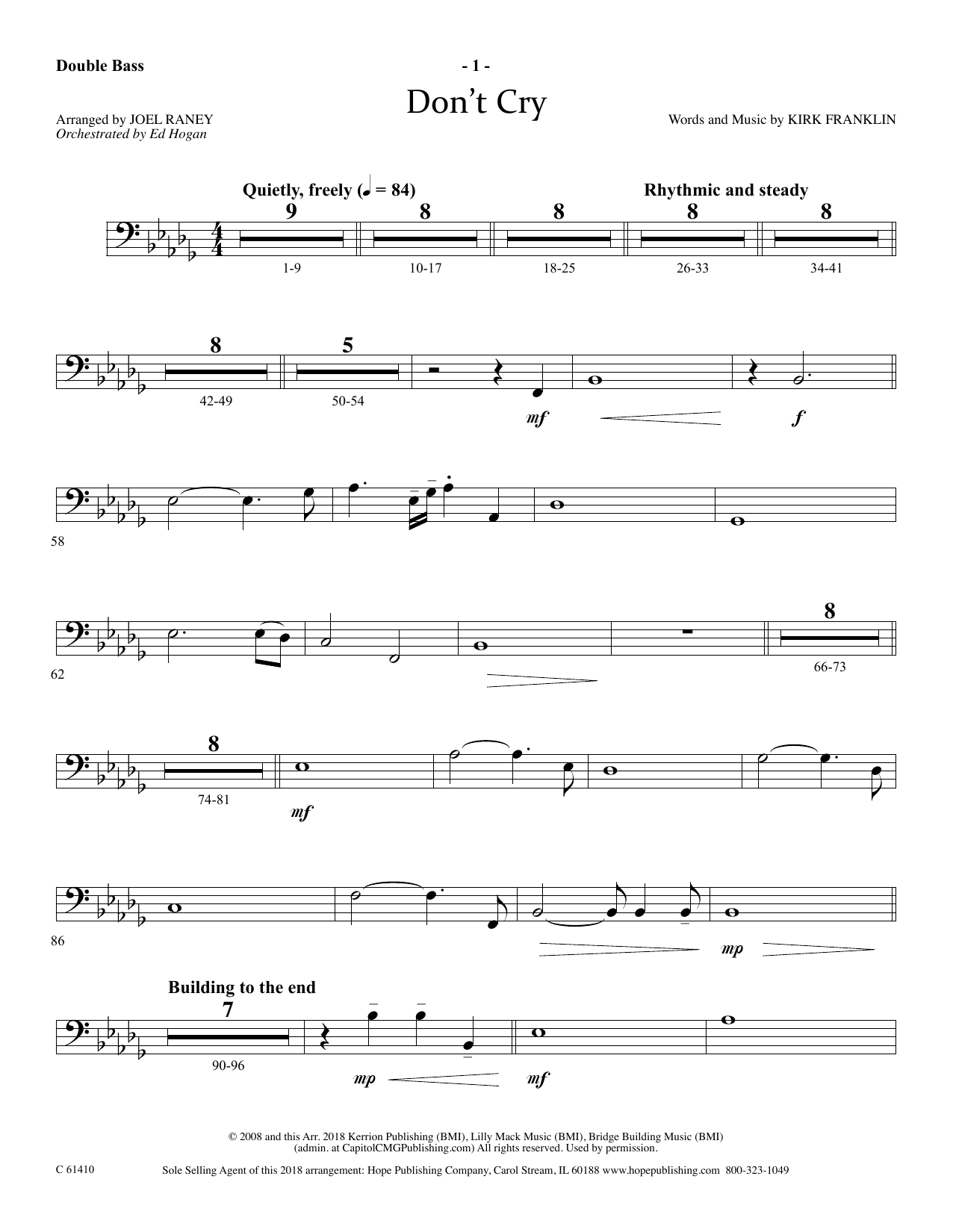 Learn to play Joel Raney Don't Cry - String Bass sheet music for Choir Instrumental Pak in minutes. Price: 69.9900$ Joel Raney Don't Cry - String Bass sheet music notes and chords arranged for Choir Instrumental Pak