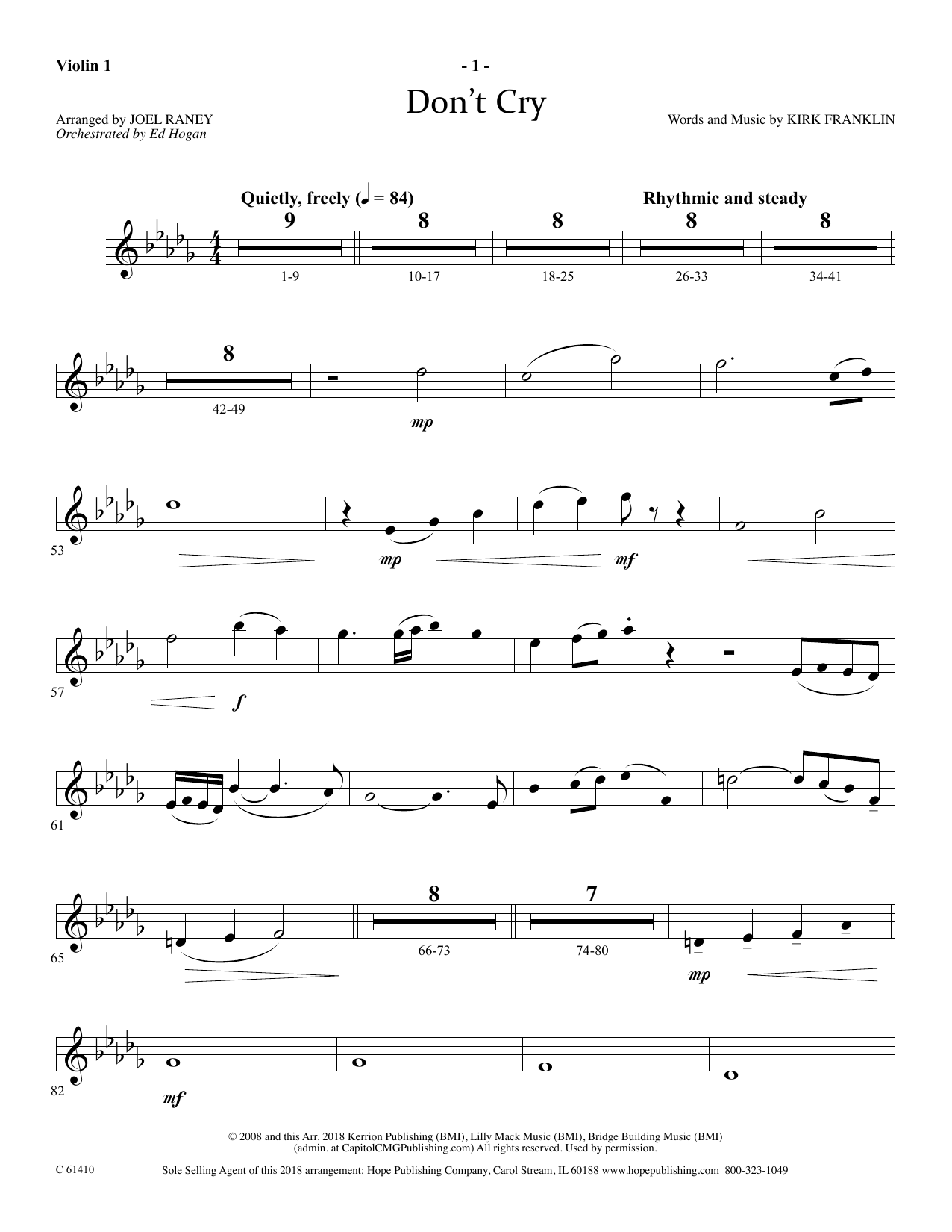 Learn to play Joel Raney Don't Cry - Violin 1 sheet music for Choir Instrumental Pak in minutes. Price: 69.9900$ Joel Raney Don't Cry - Violin 1 sheet music notes and chords arranged for Choir Instrumental Pak