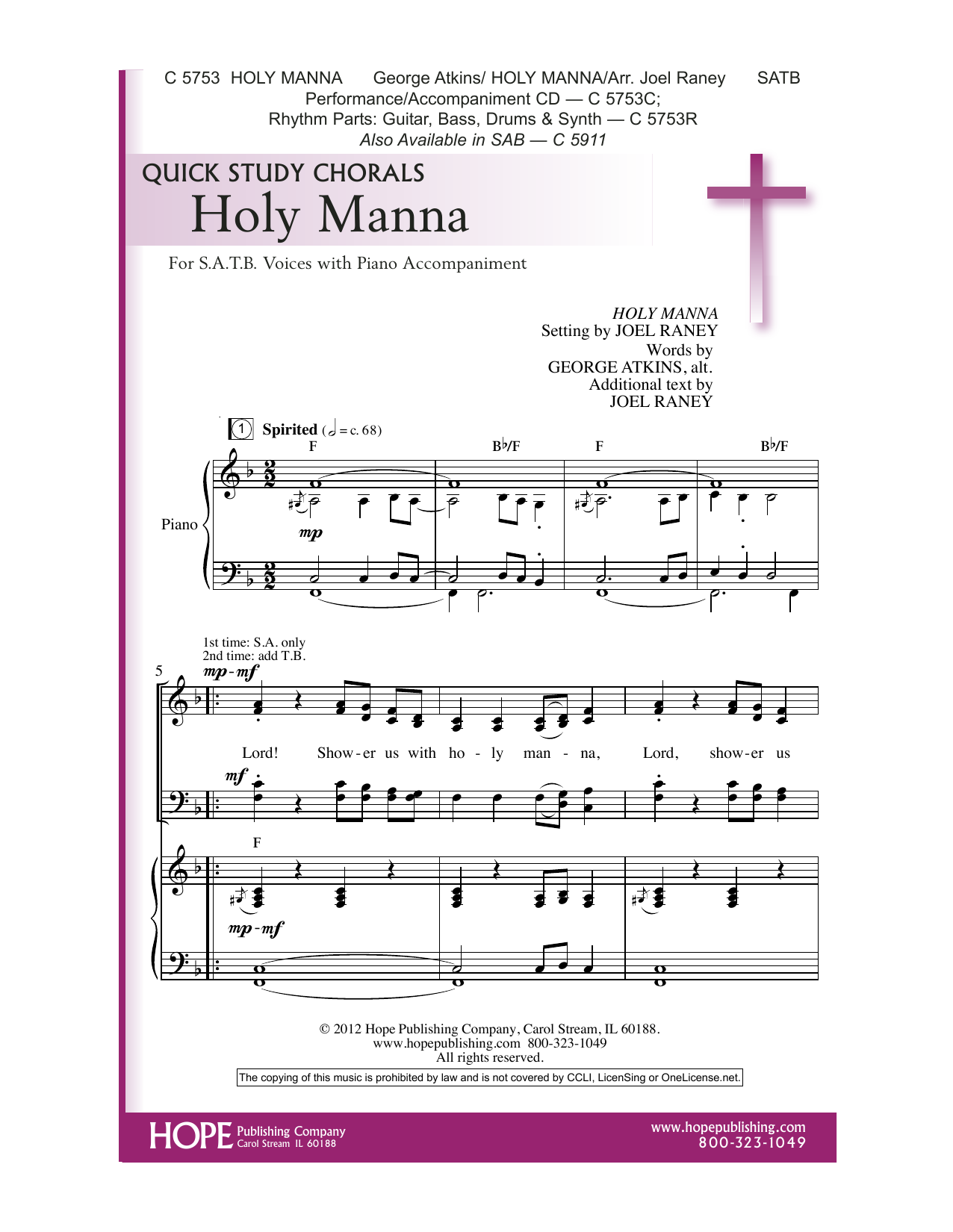 Joel Raney Holy Manna sheet music notes and chords. Download Printable PDF.