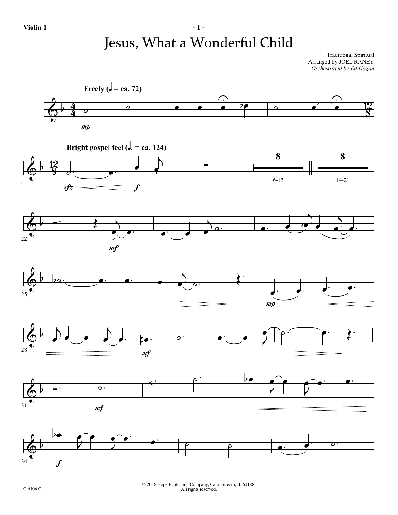 Joel Raney Jesus, What a Wonderful Child - Violin 1 sheet music notes and chords arranged for Choir Instrumental Pak