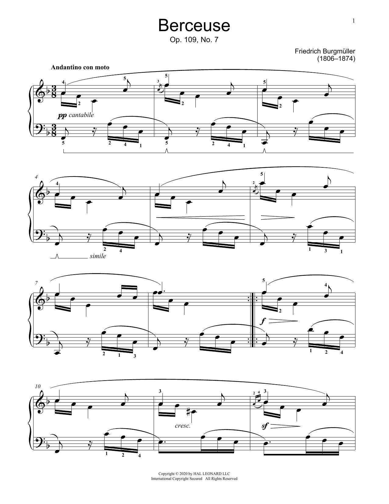 Johann Friedrich Burgmuller Lullaby Op 109 No 7 Sheet Music And Chords For Educational Piano 