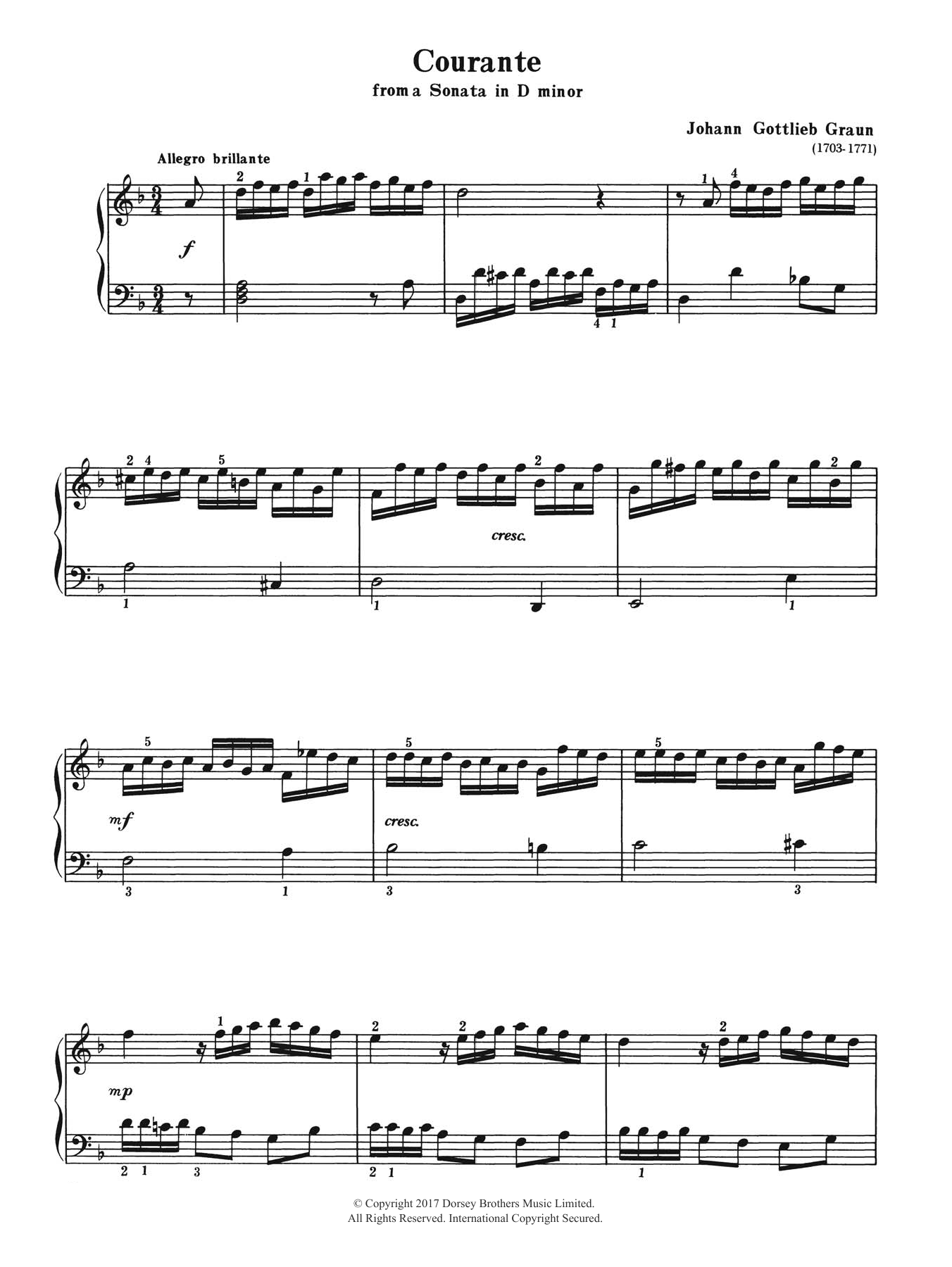 Learn to play Johann Gottlieb Graun Courante (from a Sonata in D Minor) sheet music for Piano Solo in minutes. Price: 6.9900$ Johann Gottlieb Graun Courante (from a Sonata in D Minor) sheet music notes and chords arranged for Piano Solo