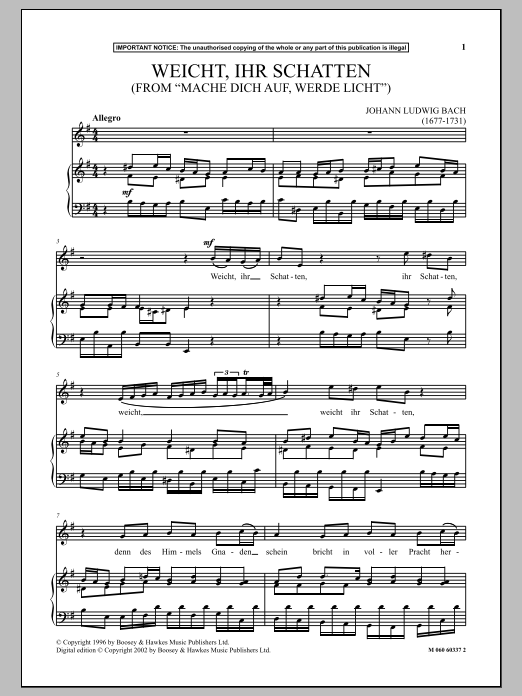 Learn to play Johann Ludwig Bach Weicht, Ihr Schaten (from Mache Dich Auf, Werde Licht ) sheet music for Piano & Vocal in minutes. Price: 6.9900$ Johann Ludwig Bach Weicht, Ihr Schaten (from Mache Dich Auf, Werde Licht ) sheet music notes and chords arranged for Piano & Vocal