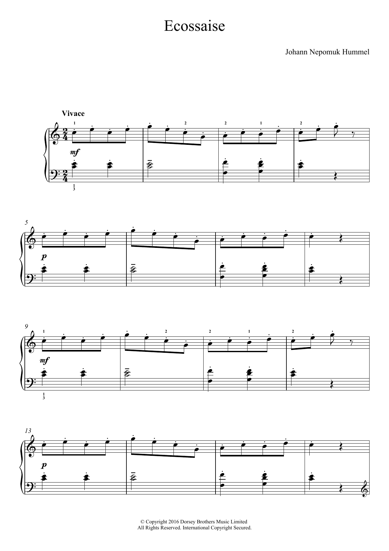 Learn to play Johann Nepomuk Hummel Ecossaise sheet music for Easy Piano in minutes. Price: 6.9900$ Johann Nepomuk Hummel Ecossaise sheet music notes and chords arranged for Easy Piano