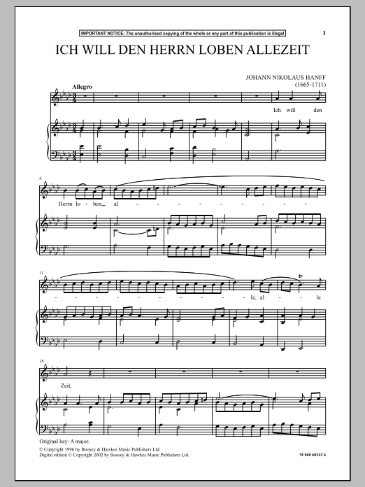 Learn to play Johann Nikolaus Hanff Ich Will Den Herrn Loben Allezeit sheet music for Piano & Vocal in minutes. Price: 6.9900$ Johann Nikolaus Hanff Ich Will Den Herrn Loben Allezeit sheet music notes and chords arranged for Piano & Vocal