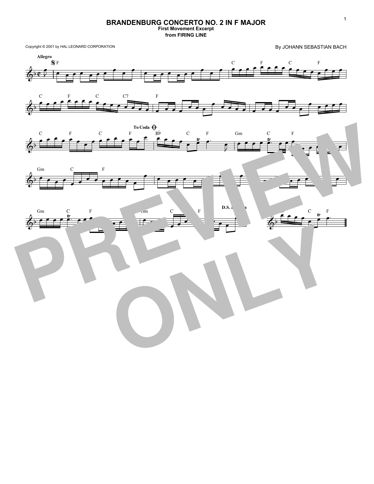 Learn to play J.S. Bach Brandenburg Concerto No. 2 in F Major, First Movement Excerpt sheet music for Lead Sheet / Fake Book in minutes. Price: 5.9900$ J.S. Bach Brandenburg Concerto No. 2 in F Major, First Movement Excerpt sheet music notes and chords arranged for Lead Sheet / Fake Book