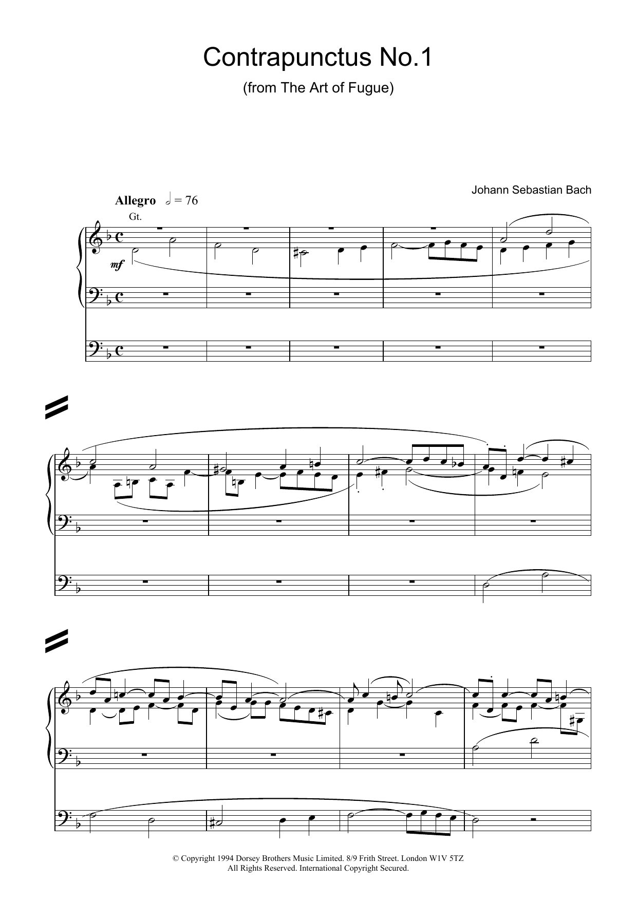 Johann Sebastian Bach Contrapunctus No.1 from The Art of Fugue sheet music notes and chords. Download Printable PDF.