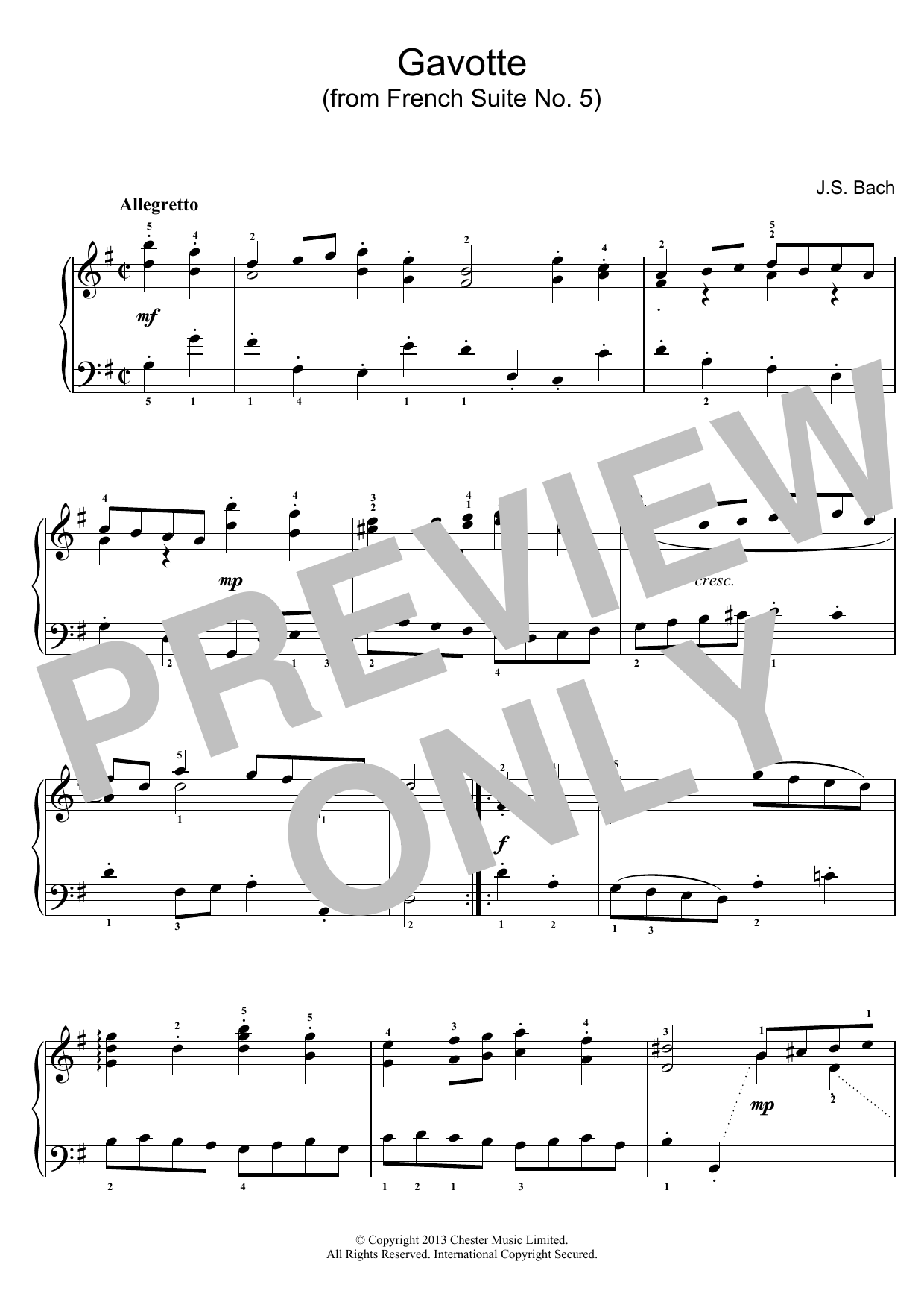Learn to play Johann Sebastian Bach Gavotte (from French Suite No. 5) sheet music for Piano Solo in minutes. Johann Sebastian Bach Gavotte (from French Suite No. 5) sheet music notes and chords. Download Printable PDF.