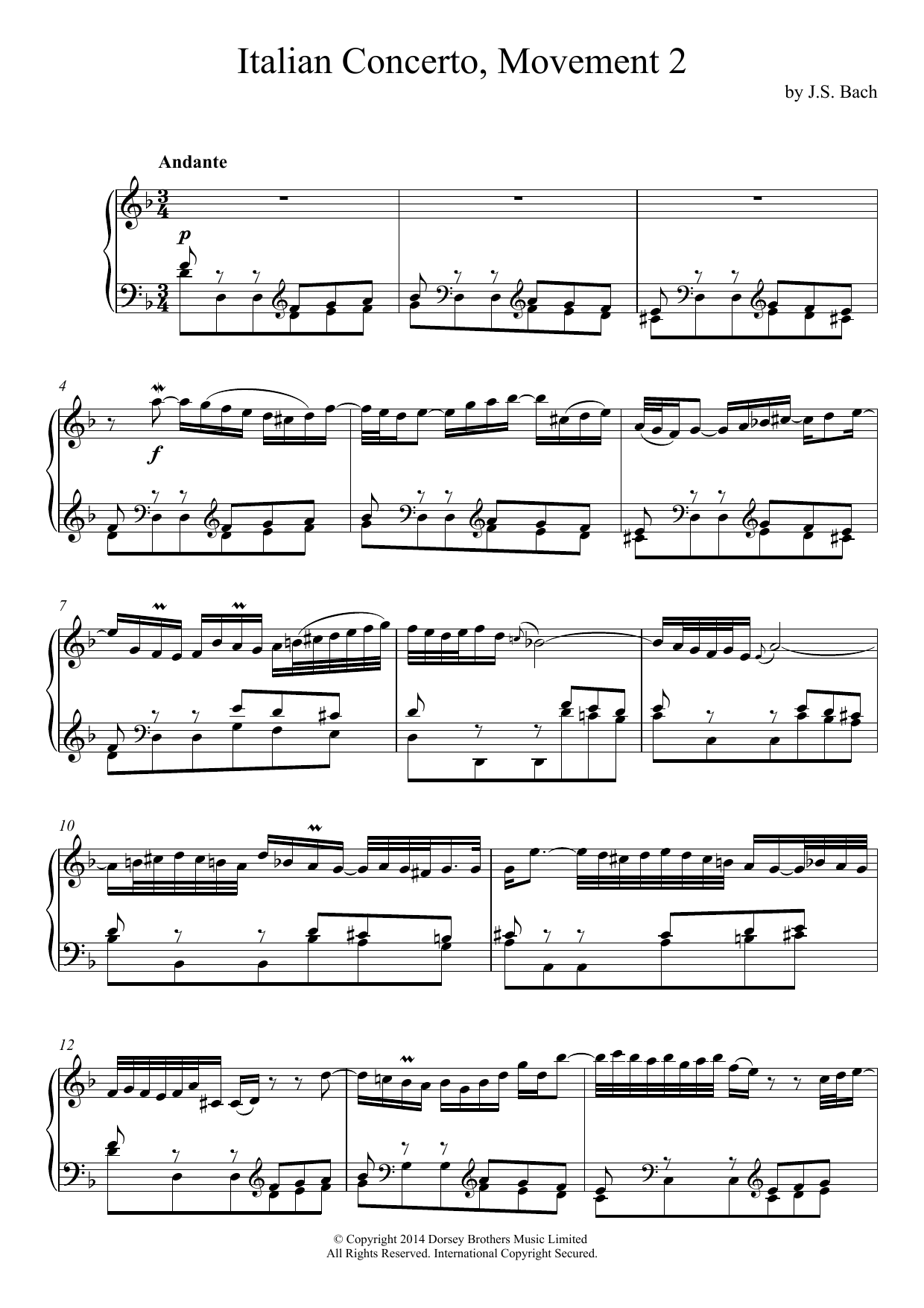 Learn to play Johann Sebastian Bach Italian Concerto (2nd Movement: Andante) sheet music for Piano Solo in minutes. Johann Sebastian Bach Italian Concerto (2nd Movement: Andante) sheet music notes and chords. Download Printable PDF.