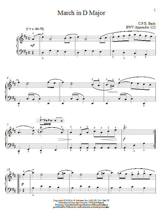 Learn to play Carl Philipp Emanuel Bach March In D Major, BWV App. 122 sheet music for Piano Solo in minutes. Carl Philipp Emanuel Bach March In D Major, BWV App. 122 sheet music notes and chords. Download Printable PDF.