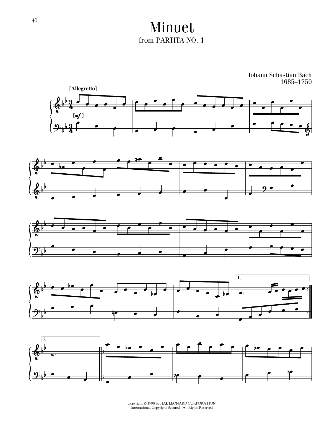 Johann Sebastian Bach Menuet sheet music notes and chords. Download Printable PDF.