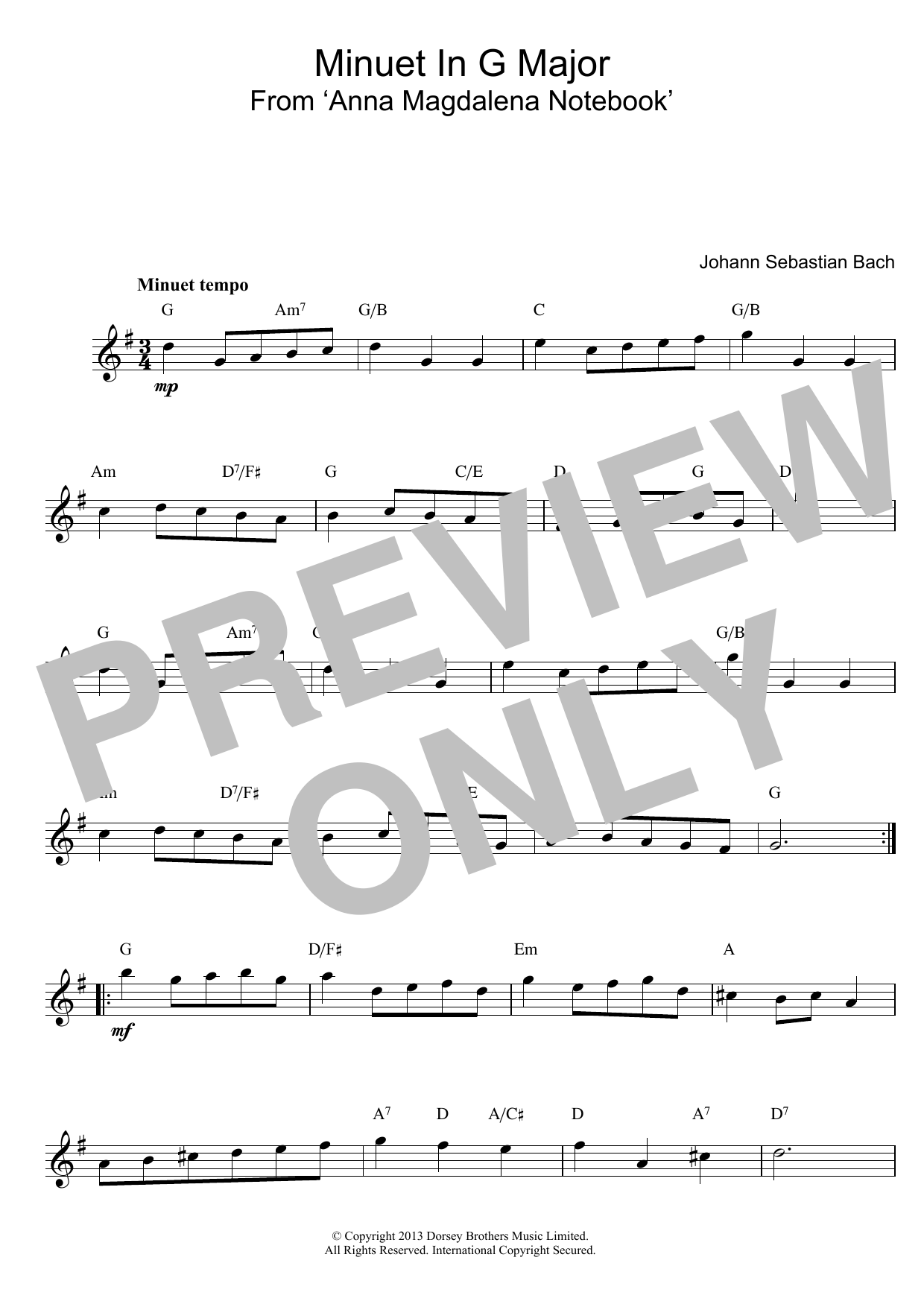 Johann Sebastian Bach Minuet In G sheet music notes and chords. Download Printable PDF.