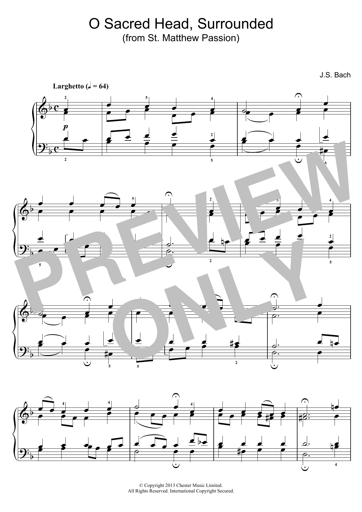 Learn to play Johann Sebastian Bach O Sacred Head, Surrounded (from St Matthew Passion) sheet music for Piano Solo in minutes. Johann Sebastian Bach O Sacred Head, Surrounded (from St Matthew Passion) sheet music notes and chords