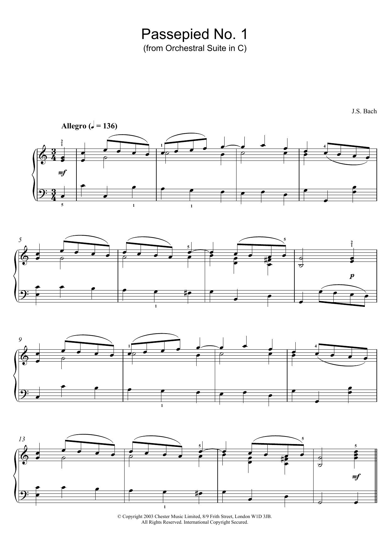 Learn to play Johann Sebastian Bach Passepied No. 1 (from Orchestral Suite in C) sheet music for Piano Solo in minutes. Johann Sebastian Bach Passepied No. 1 (from Orchestral Suite in C) sheet music notes and chords. Download Printable PDF.