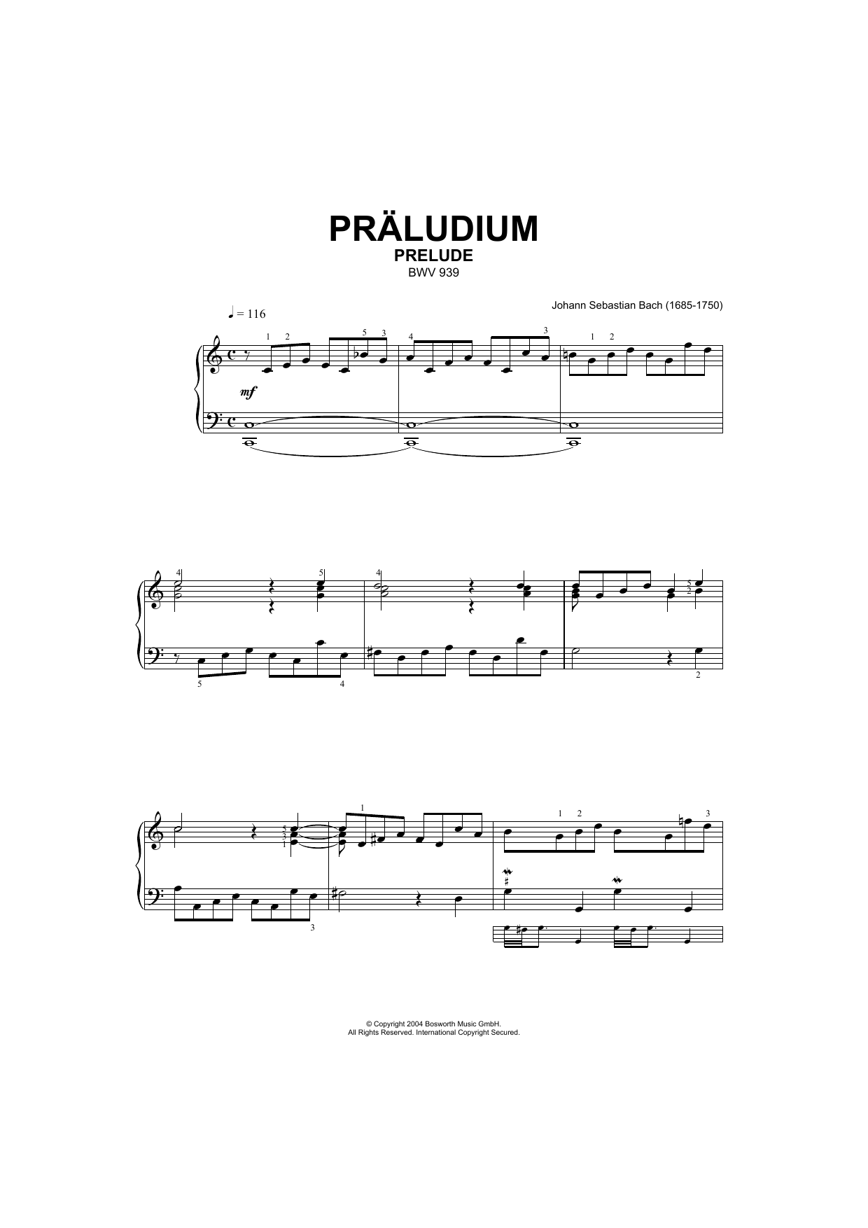Learn to play Johann Sebastian Bach Prelude, BWV 939 sheet music for Piano Solo in minutes. Johann Sebastian Bach Prelude, BWV 939 sheet music notes and chords. Download Printable PDF.