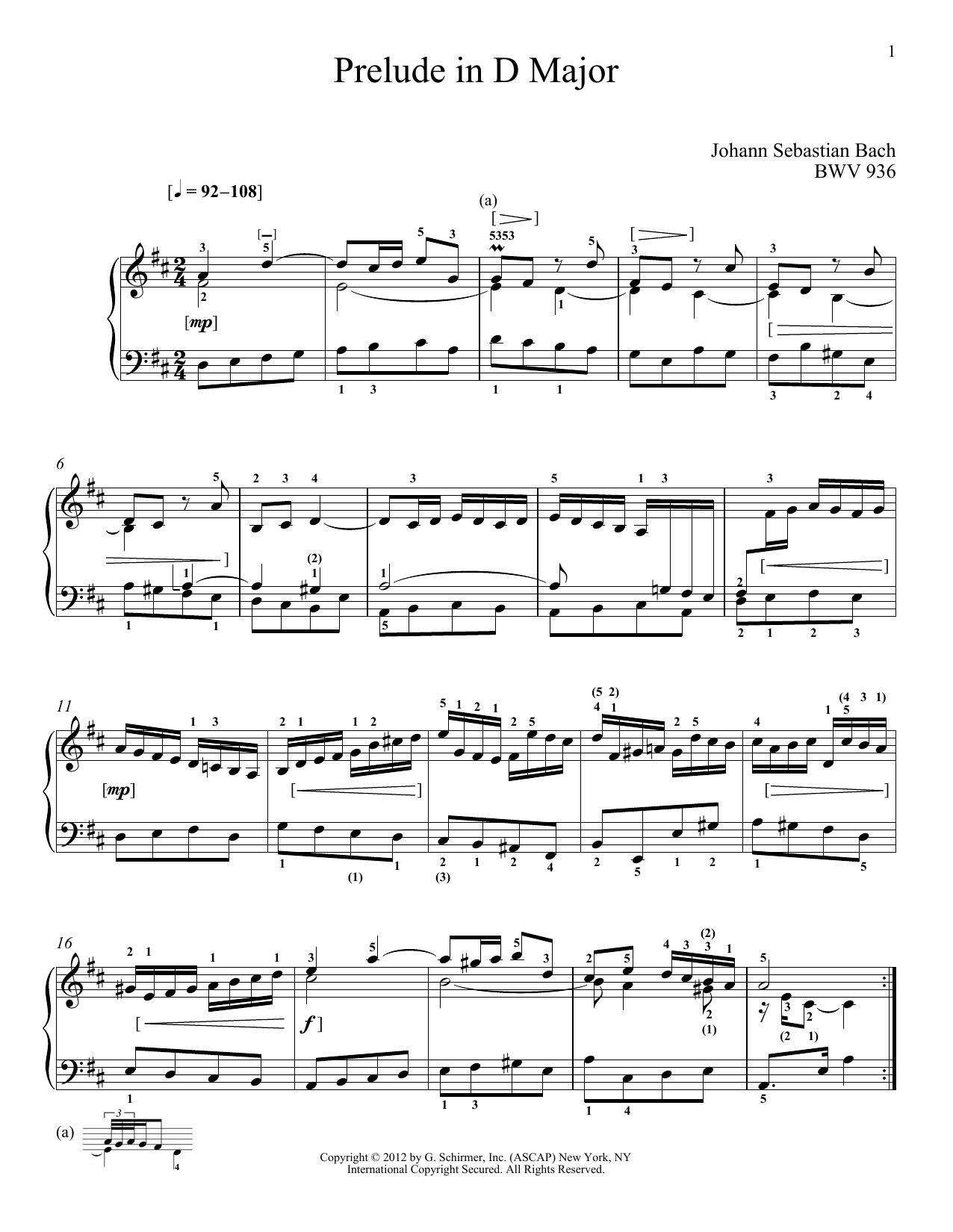 Learn to play J.S. Bach Prelude In D Major, BMV 936 sheet music for Piano Solo in minutes. J.S. Bach Prelude In D Major, BMV 936 sheet music notes and chords. Download Printable PDF.