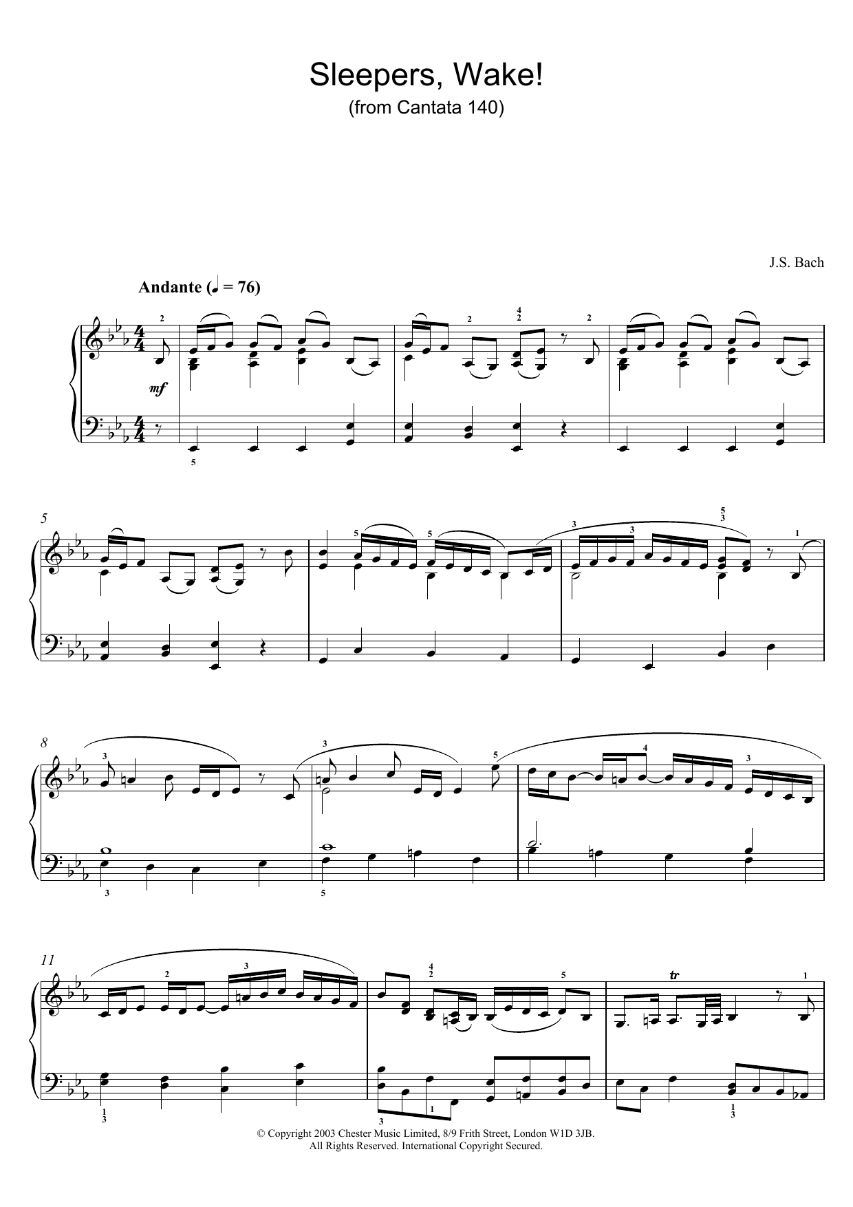Learn to play Johann Sebastian Bach Sleepers, Wake! (from Cantata 140) sheet music for Piano Solo in minutes. Johann Sebastian Bach Sleepers, Wake! (from Cantata 140) sheet music notes and chords. Download Printable PDF.
