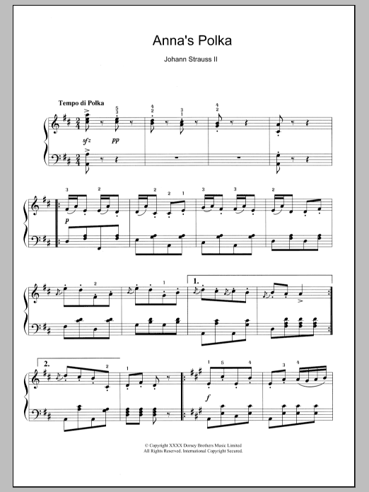 Learn to play Johann Strauss II Anna's Polka sheet music for Piano Solo in minutes. Johann Strauss II Anna's Polka sheet music notes and chords. Download Printable PDF.