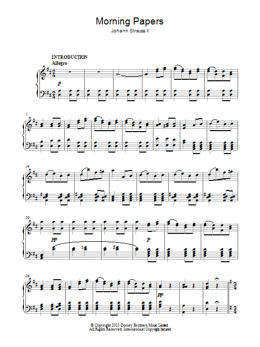 Learn to play Johann Strauss II Morning Papers sheet music for Piano Solo in minutes. Johann Strauss II Morning Papers sheet music notes and chords. Download Printable PDF.
