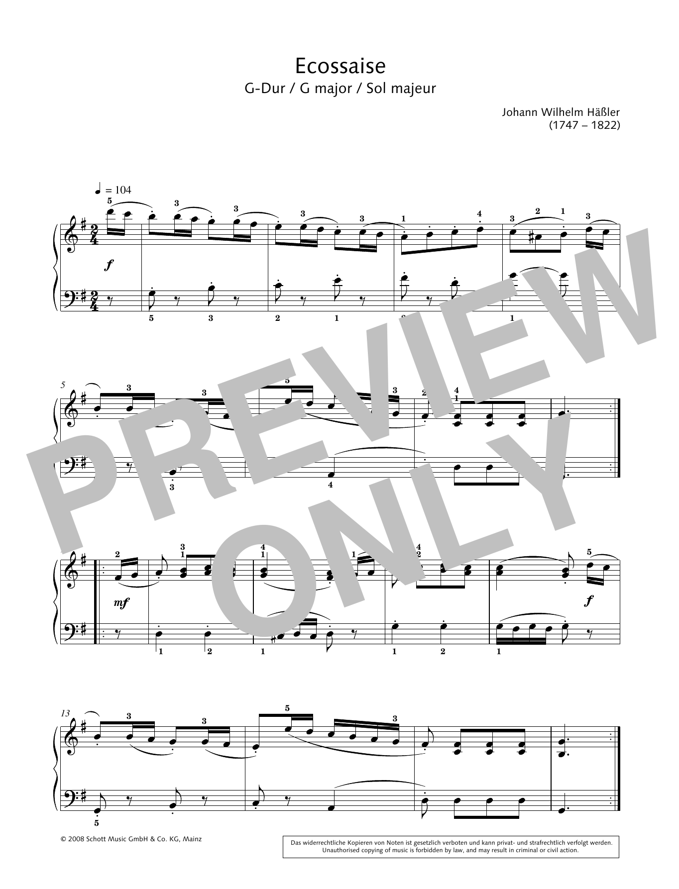 Johann Wilhelm Hässler Ecossaise in G major sheet music notes and chords arranged for Piano Solo