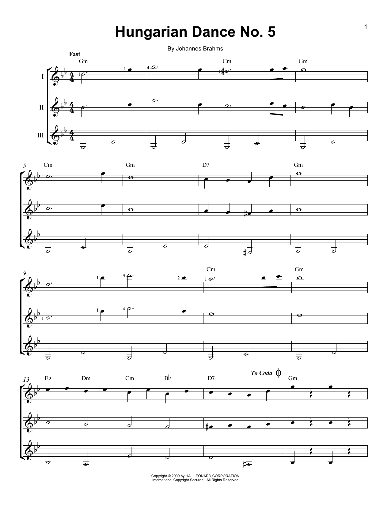 Johannes Brahms Hungarian Dance No. 5 sheet music notes and chords. Download Printable PDF.