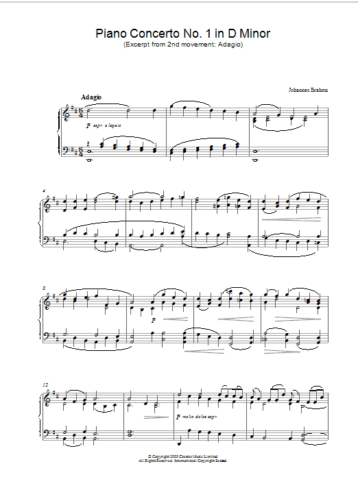 Johannes Brahms Piano Concerto No. 1 in D Minor (Excerpt from 2nd movement: Adagio) sheet music notes and chords. Download Printable PDF.