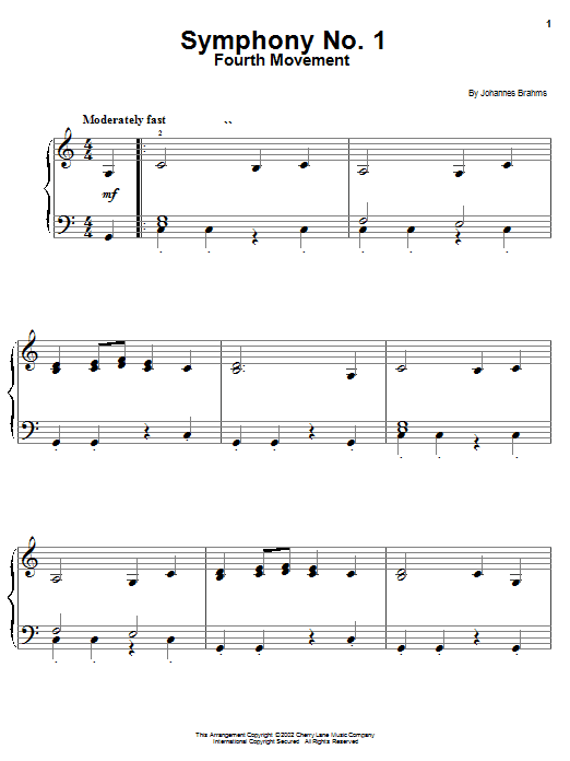 Johannes Brahms Symphony No. 1 in C Minor, Fourth Movement Excerpt sheet music notes and chords. Download Printable PDF.