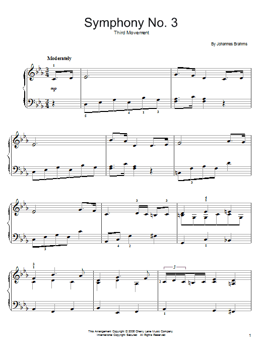 Johannes Brahms Symphony No. 3, Third Movement Theme sheet music notes and chords. Download Printable PDF.