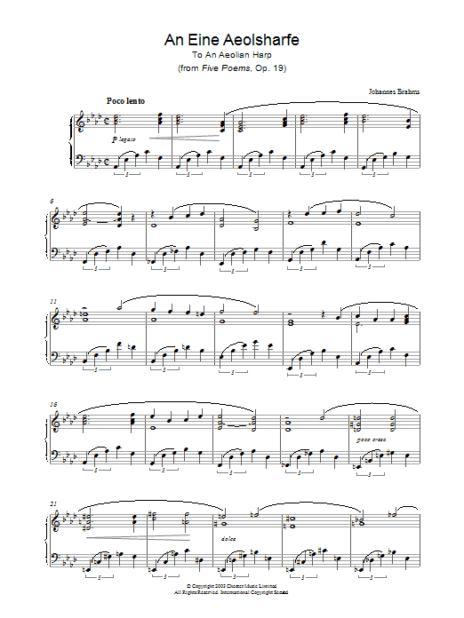 Learn to play Johannes Brahms An Eine Aeolsharfe (from Five Poems, Op. 19) sheet music for Piano Solo in minutes. Johannes Brahms An Eine Aeolsharfe (from Five Poems, Op. 19) sheet music notes and chords. Download Printable PDF.