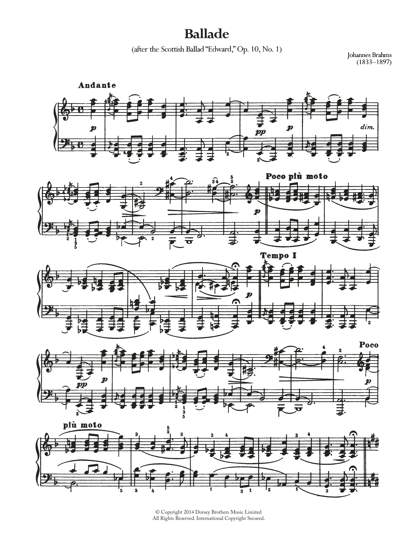 Learn to play Johannes Brahms Ballade, Op.10 No.1 sheet music for Piano Solo in minutes. Johannes Brahms Ballade, Op.10 No.1 sheet music notes and chords. Download Printable PDF.