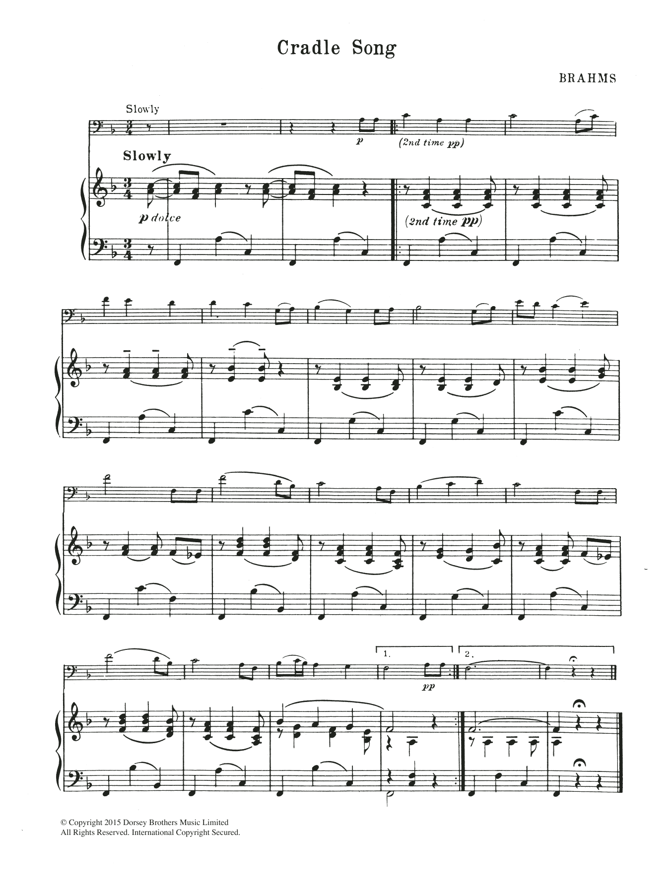 Johannes Brahms Cradle Song sheet music notes and chords. Download Printable PDF.