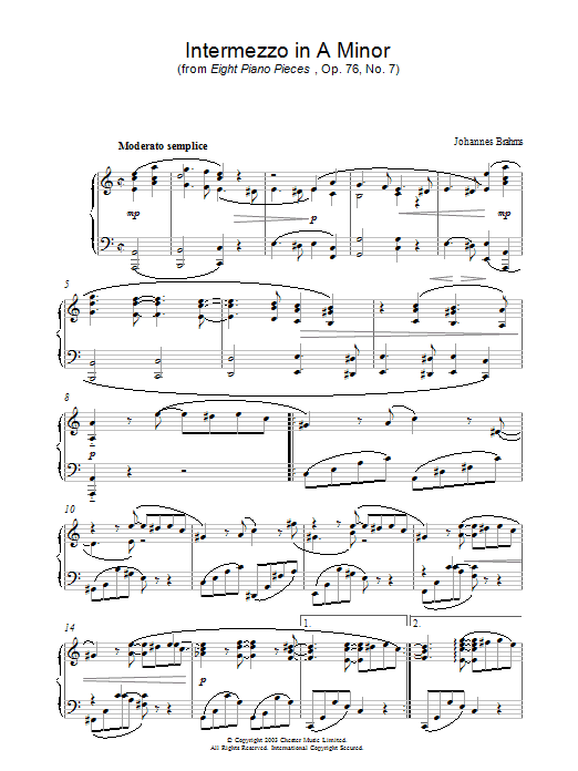 Learn to play Johannes Brahms Intermezzo in A Minor (from Eight Piano Pieces, Op. 76, No. 7) sheet music for Piano Solo in minutes. Johannes Brahms Intermezzo in A Minor (from Eight Piano Pieces, Op. 76, No. 7) sheet music notes and chords. Download Printable PDF.