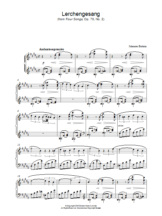 Preview Johannes Brahms Lerchengesang (from Four Songs, Op. 70, No. 2) Classical sheet music, notes and chords for Piano Solo, SKU: 27432 sheet music, piano notes, chords, guitar tabs, score, transpose, transcribe, how to play, guide, download, learn, tutorial, progression, song, artist, awards, billboard, mtv, vh1, tour, single, album, release