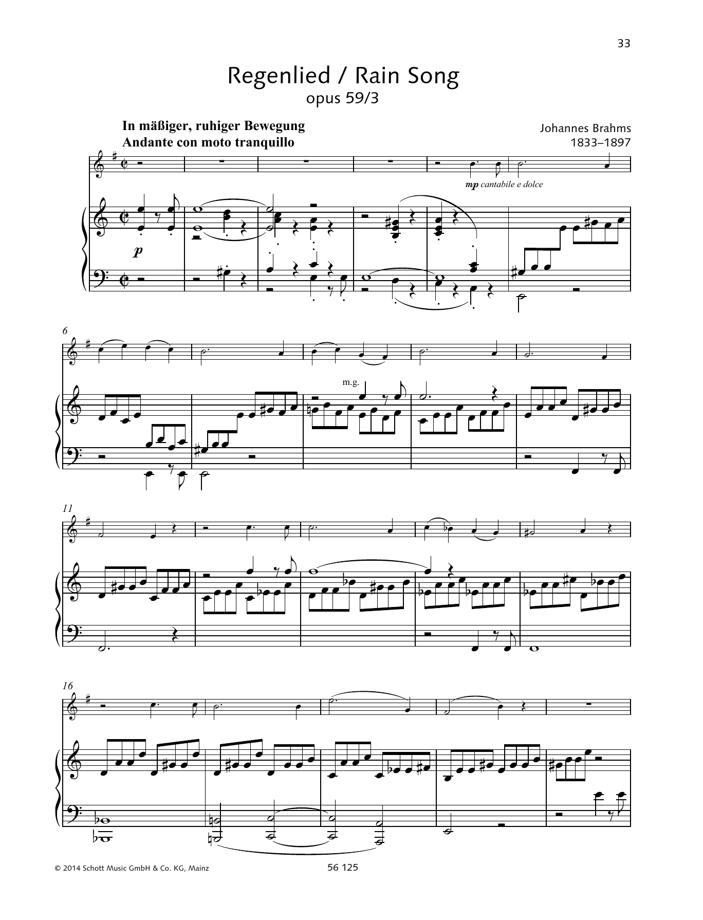 Johannes Brahms Regenlied sheet music notes and chords. Download Printable PDF.