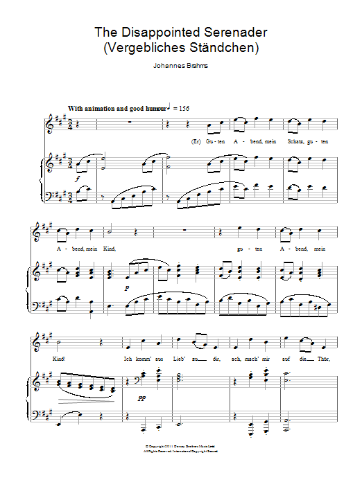 Johannes Brahms The Disappointed Serenader sheet music notes and chords. Download Printable PDF.