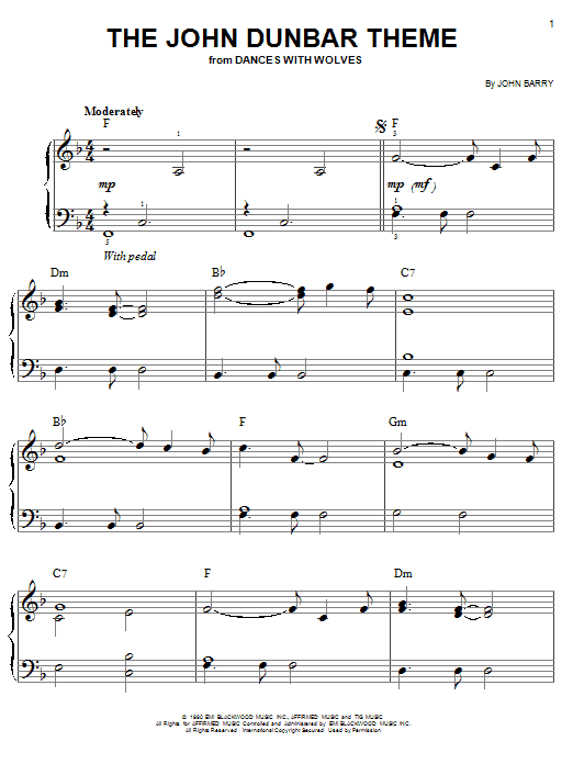 John Barry The John Dunbar Theme sheet music notes and chords. Download Printable PDF.