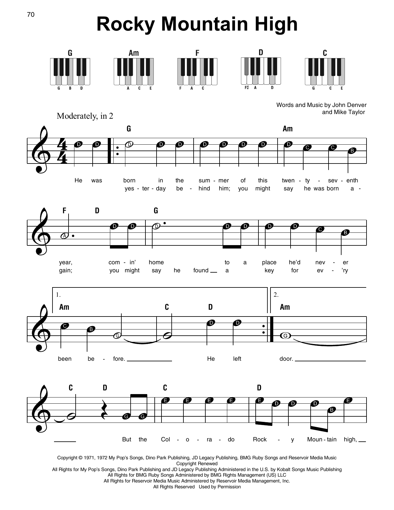 John Denver Rocky Mountain High sheet music notes and chords. Download Printable PDF.