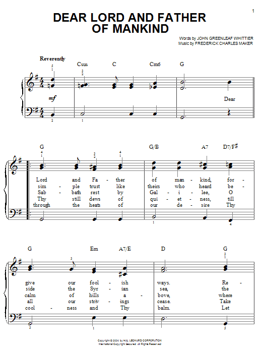 John Greenleaf Whittier Dear Lord And Father Of Mankind sheet music notes and chords. Download Printable PDF.