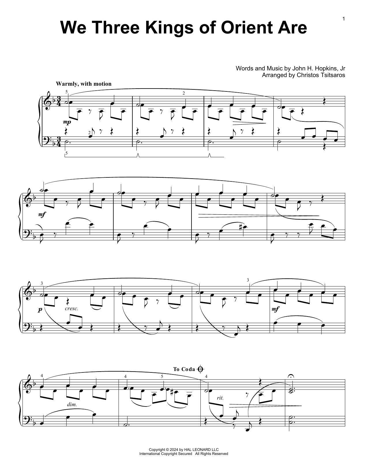 John H. Hopkins, Jr. We Three Kings Of Orient Are (arr. Christos Tsitsaros) sheet music notes and chords. Download Printable PDF.