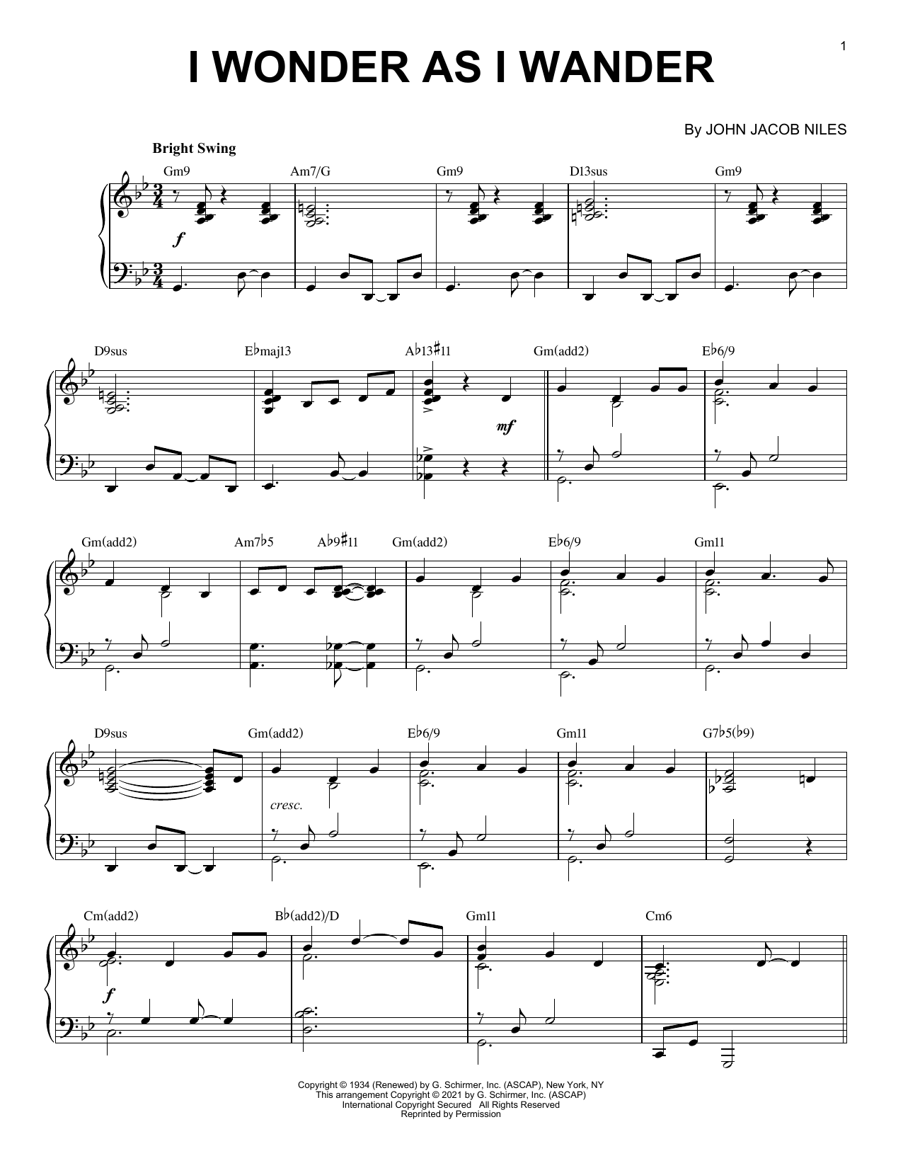 John Jacob Niles I Wonder As I Wander [Jazz version] (arr. Brent Edstrom) sheet music notes and chords. Download Printable PDF.