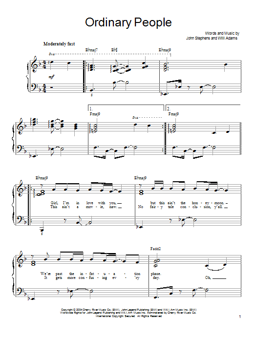 John Legend Ordinary People sheet music notes and chords. Download Printable PDF.