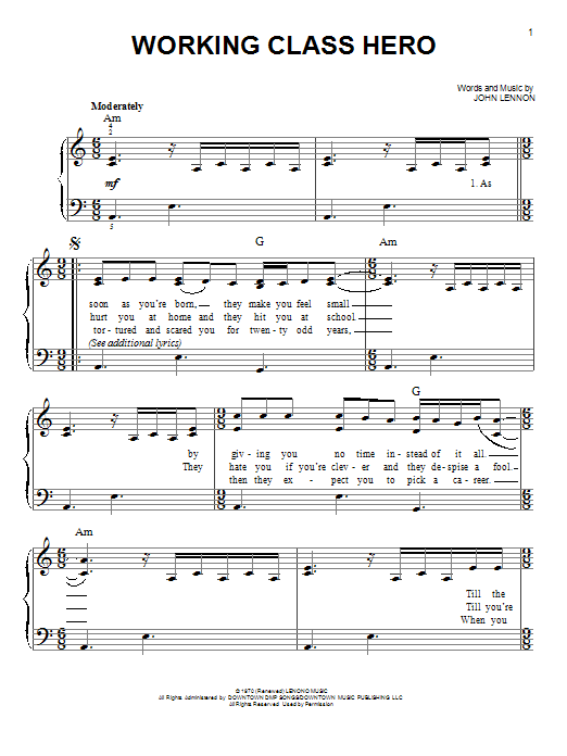 Learn to play John Lennon Working Class Hero sheet music for Easy Piano in minutes. Price: 6.9900$ John Lennon Working Class Hero sheet music notes and chords arranged for Easy Piano