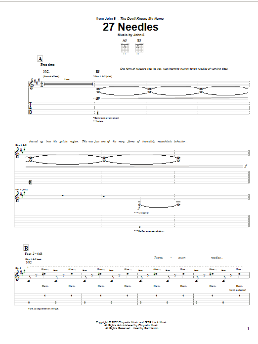 Learn to play John 5 27 Needles sheet music for Guitar Tab in minutes. Price: 7.8900$ John 5 27 Needles sheet music notes and chords arranged for Guitar Tab