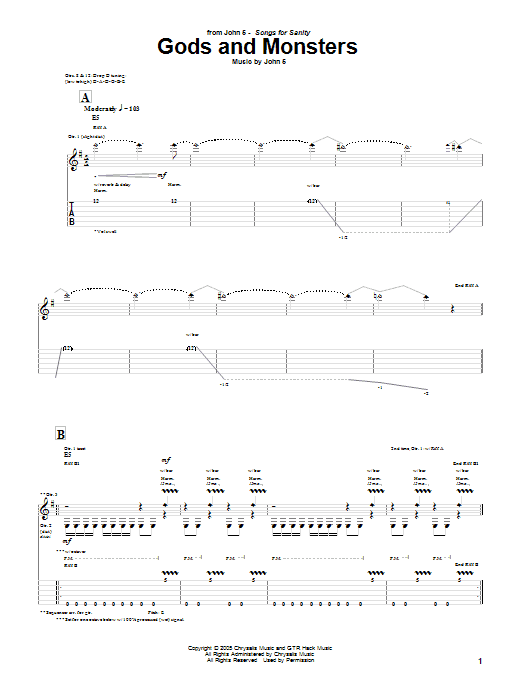 John 5 Gods And Monsters sheet music notes and chords. Download Printable PDF.