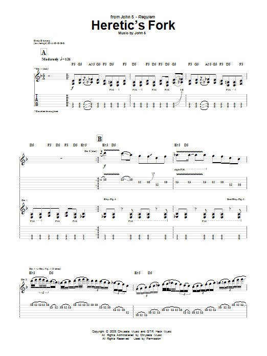 Learn to play John 5 Heretic's Fork sheet music for Guitar Tab in minutes. Price: 7.8900$ John 5 Heretic's Fork sheet music notes and chords arranged for Guitar Tab