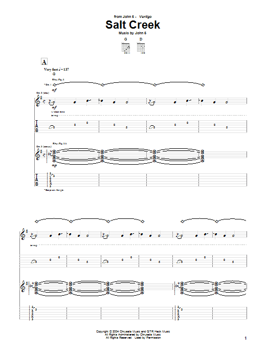 John 5 Salt Creek sheet music notes and chords. Download Printable PDF.