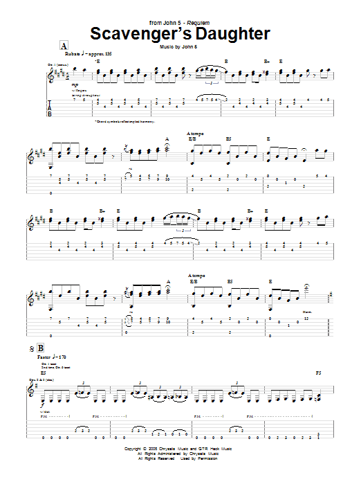 Learn to play John 5 Scavenger's Daughter sheet music for Guitar Tab in minutes. Price: 7.8900$ John 5 Scavenger's Daughter sheet music notes and chords arranged for Guitar Tab