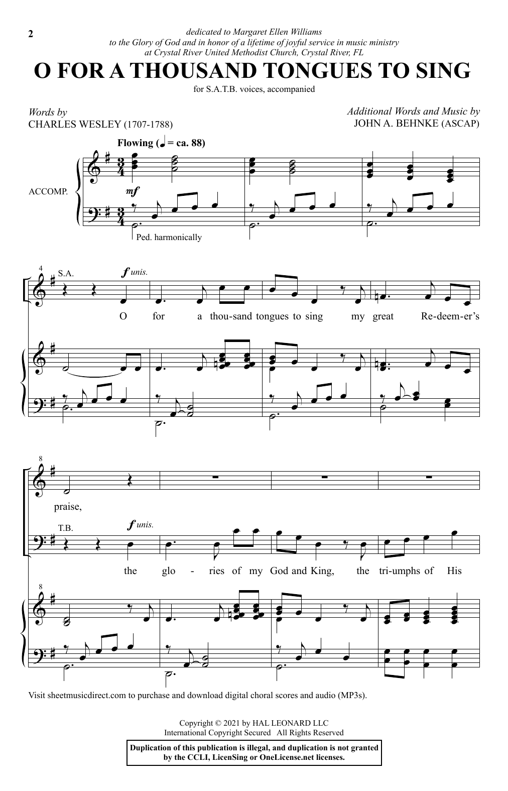 Learn to play John A. Behnke O For A Thousand Tongues To Sing sheet music for SATB Choir in minutes. Price: 3.9900$ John A. Behnke O For A Thousand Tongues To Sing sheet music notes and chords arranged for SATB Choir